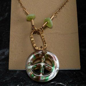 Glass Peace Sign Pendant Necklace Gold Tone Metal Chain Jewelry 16-18" Chain